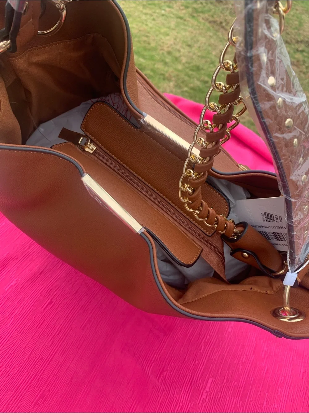 Vegan Brown Women's Tote Bag with Gold Chain Accents